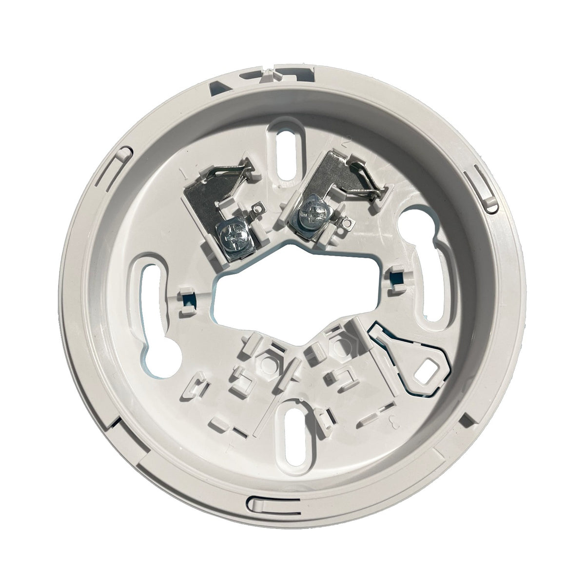 A circular white metal electrical junction box or terminal base with internal metal contacts and mounting tabs, shown on a plain white background.