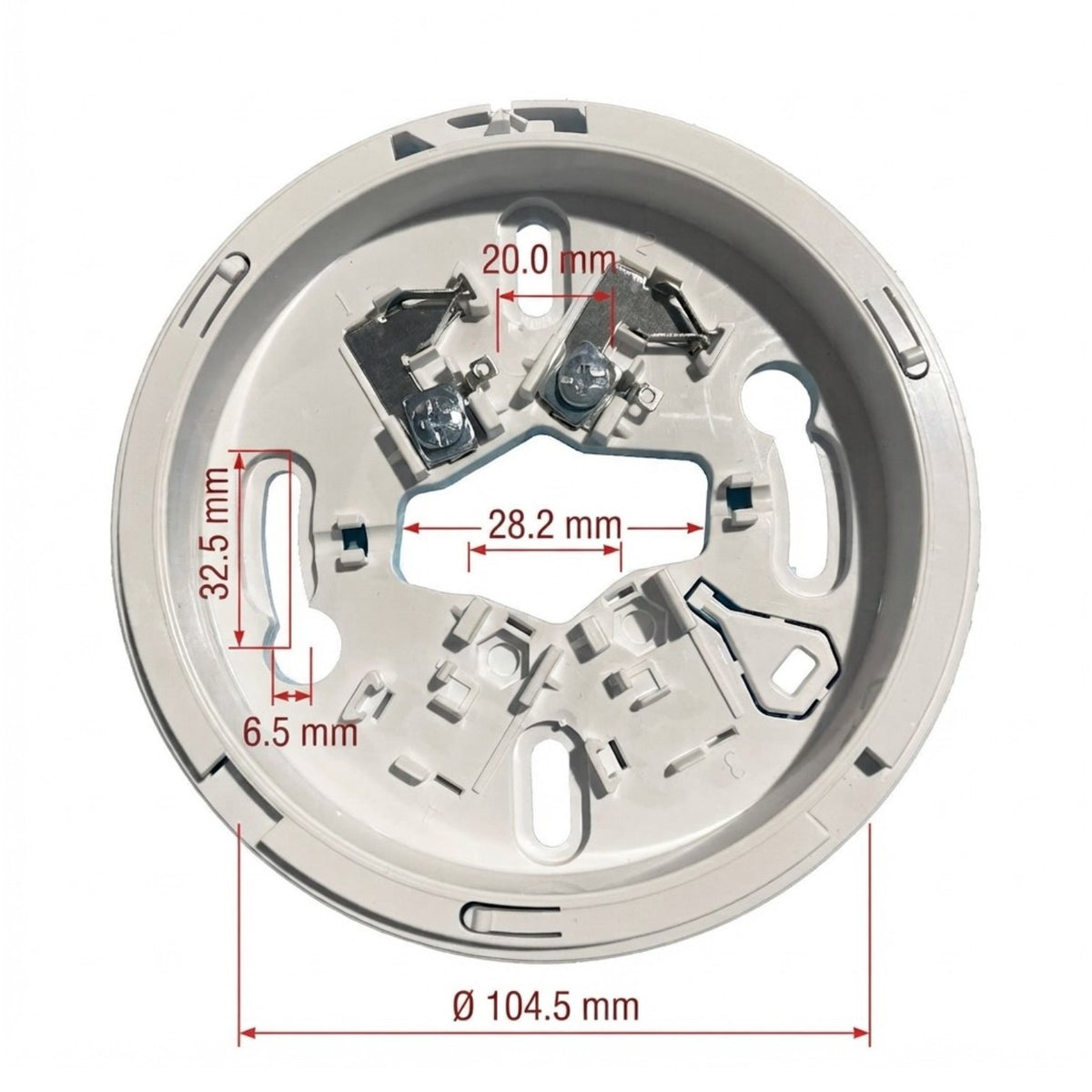A circular metal electrical socket or terminal plate shown from above on a white background, with red dimension lines and labels indicating measurements such as 104.5 mm diameter, 28.