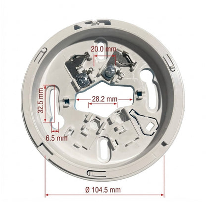 A circular metal electrical socket or terminal plate shown from above on a white background, with red dimension lines and labels indicating measurements such as 104.5 mm diameter, 28.