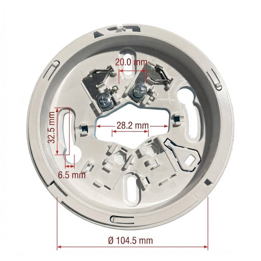 A circular metal electrical socket or terminal plate shown from above on a white background, with red dimension lines and labels indicating measurements such as 104.5 mm diameter, 28.