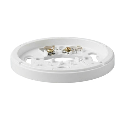 A white circular electrical outlet base plate with two gold-colored screw terminals and internal metal contacts, shown on a solid white background.