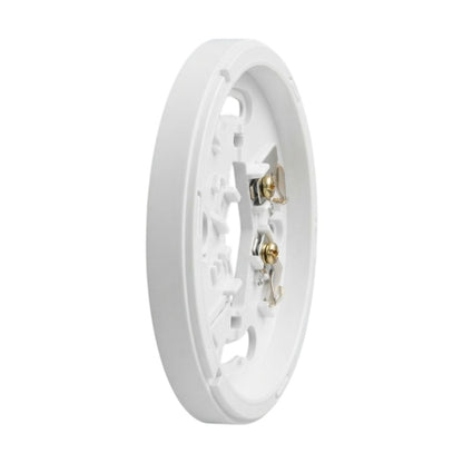 A white circular electrical outlet base plate with two gold-colored screw terminals on the back, shown against a plain white background.