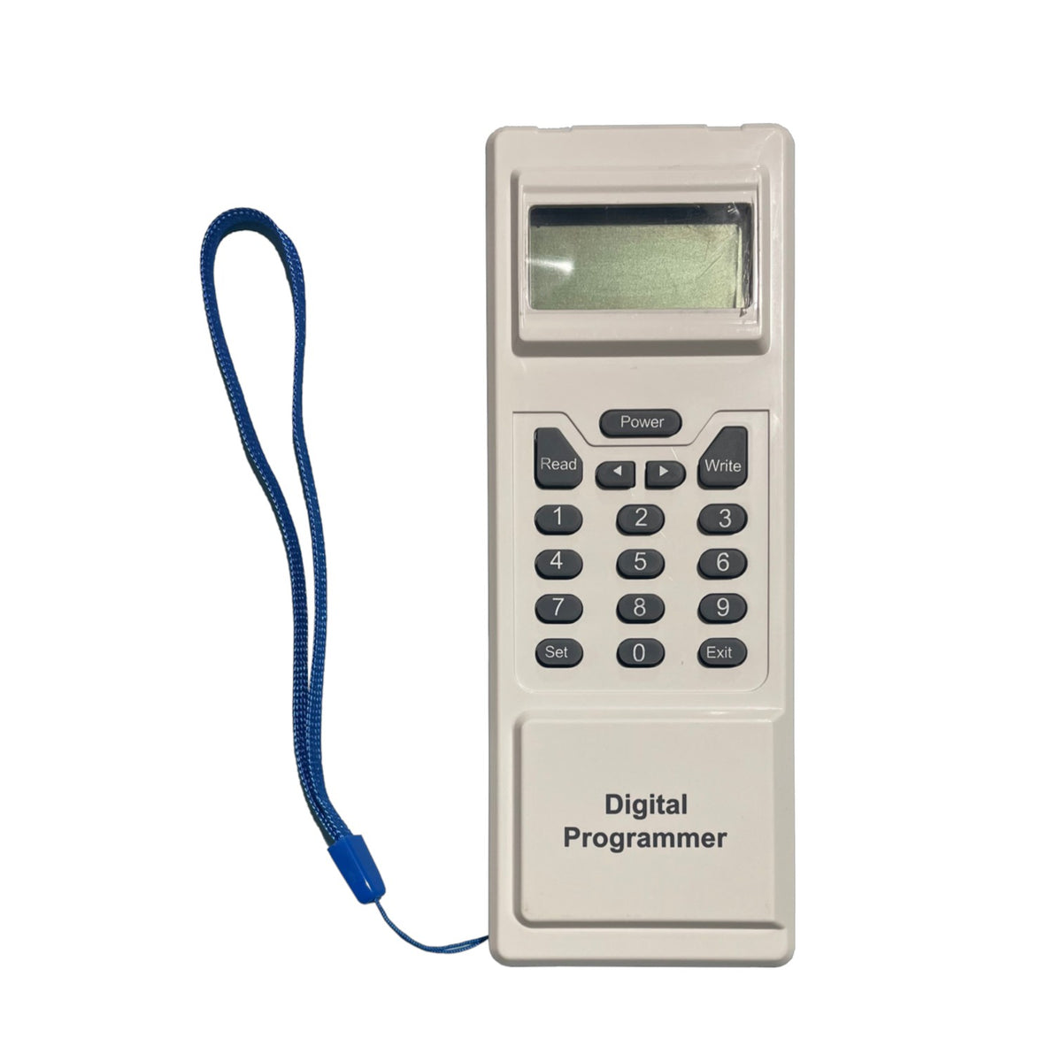 A beige digital programmer handheld device with a small LCD screen, numeric keypad, and a blue wrist strap, shown on a plain white background.