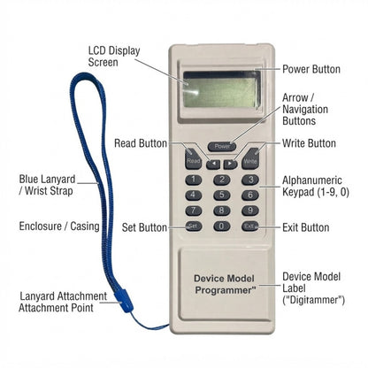 A beige handheld device model programmer with a blue wrist strap, shown on a white background with labeled callouts for the LCD display screen, power button, arrow/navigation buttons, read button, write button, alphanumeric keypad, set button, exit button, enclosure/casing, and lanyard attachment point.