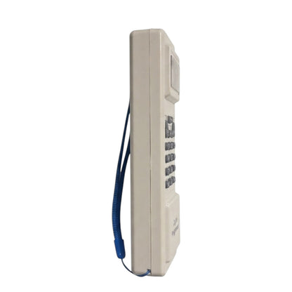 A vintage beige wall-mounted telephone with a blue wrist strap, shown in profile against a plain white background.
