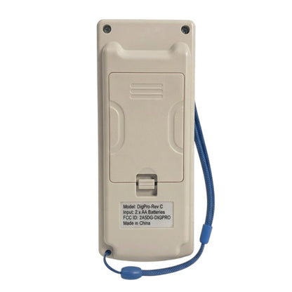 The back of a Digipro Rev C 2 x 1.5V batteries FCID: 24SDG Digipro remote control case, in beige plastic with a blue lanyard strap and a white label.