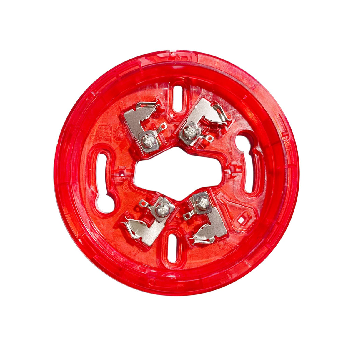 A circular red translucent plastic component with four silver metal contact points arranged in a cross pattern in the center, isolated on a white background.