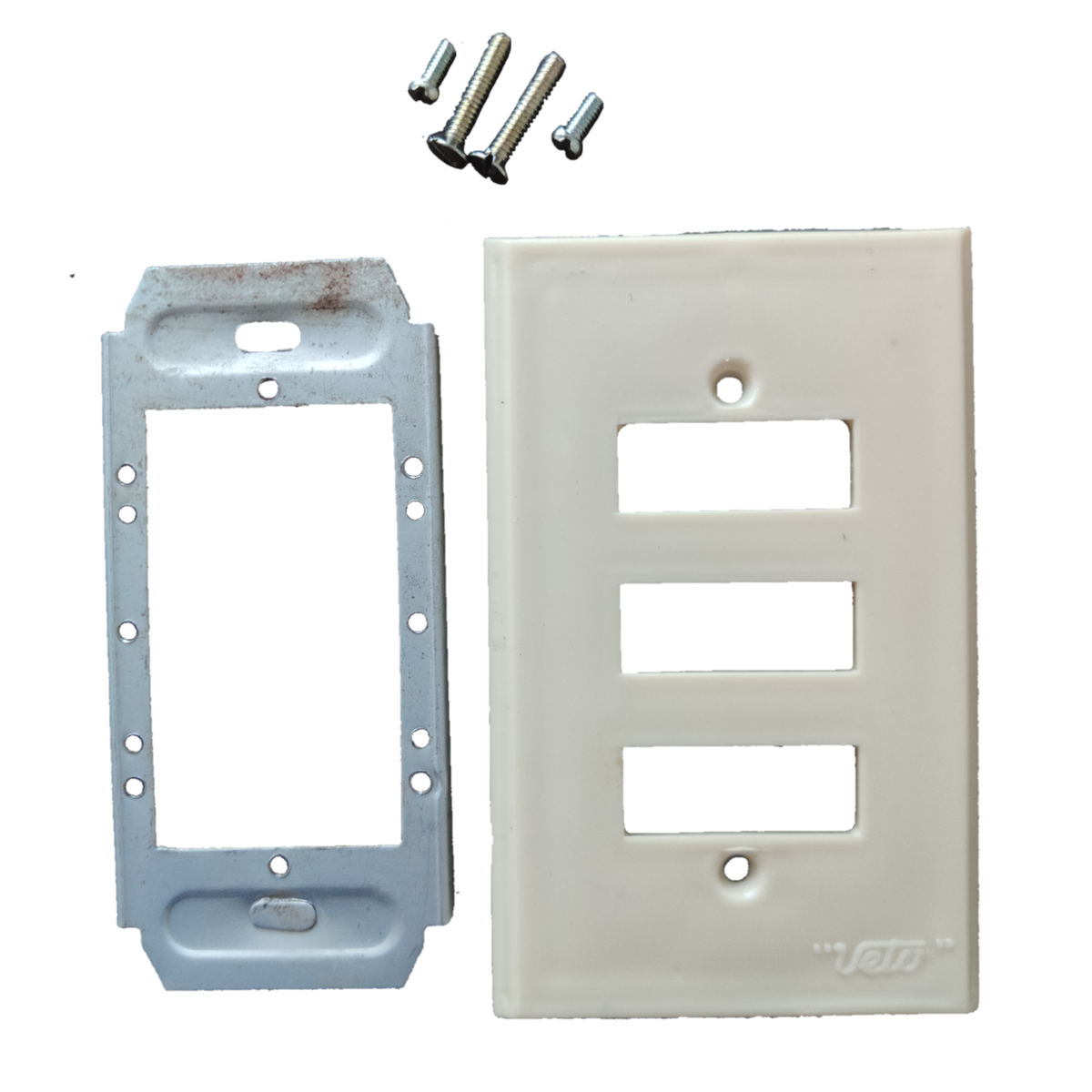 Electx Electrical Supply 3 gang device plate with metal strap and mounting screws on black background