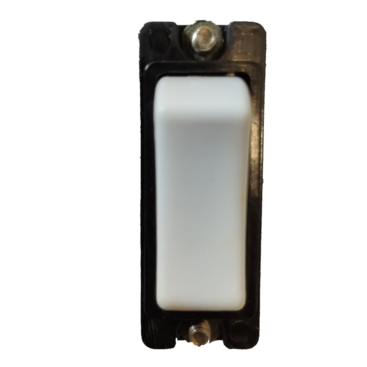 A single-pole toggle switch with a white rectangular button and a black plastic housing, shown against a plain white background.