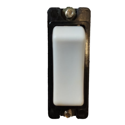 A single-pole toggle switch with a white rectangular button and a black plastic housing, shown against a plain white background.