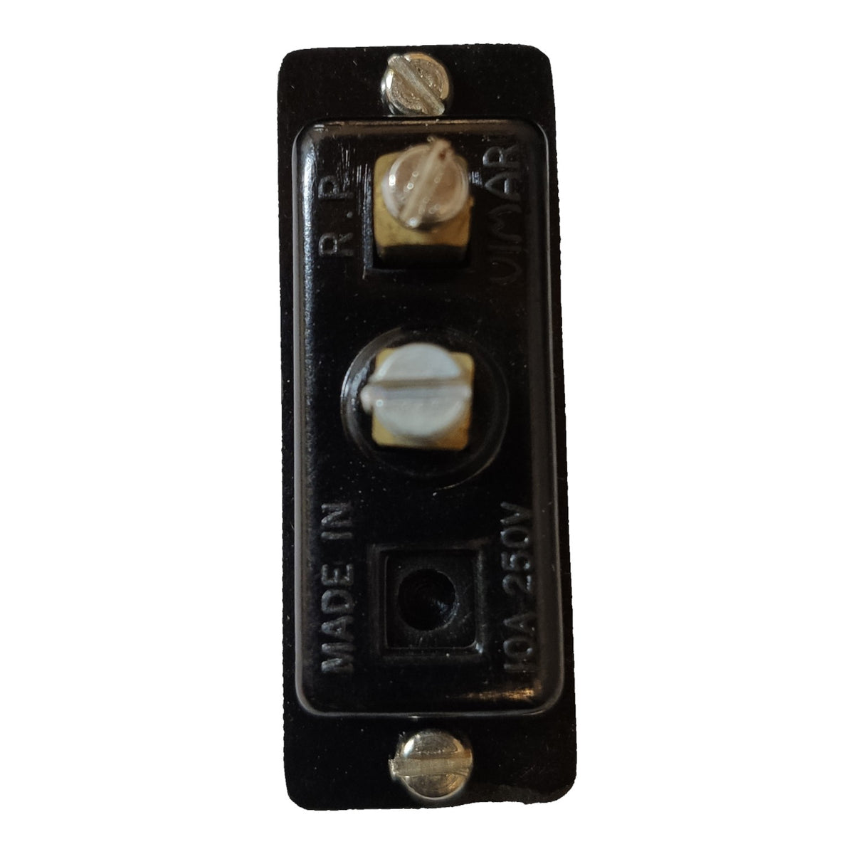 A black plastic dual terminal electrical switch or socket component with two screw terminals and a center terminal, shown on a plain white background.