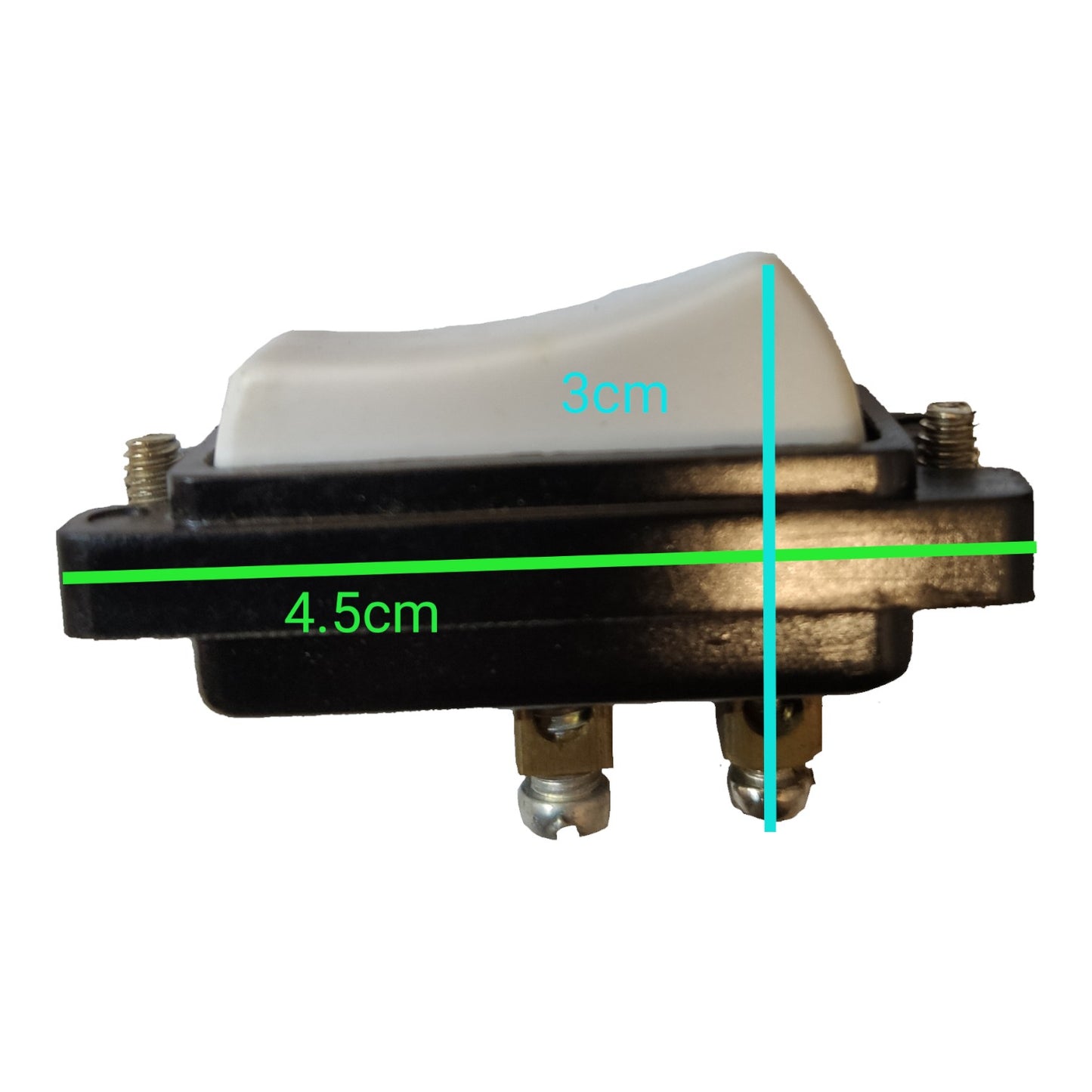 A small black and white rocker switch with two metal terminal posts, overlaid with green and cyan dimension lines showing 4.5cm width and 3cm height on a plain white background.