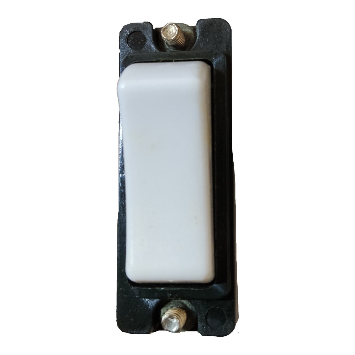 A single rectangular wall switch with a white plastic toggle button and a black plastic housing, shown against a plain white background.