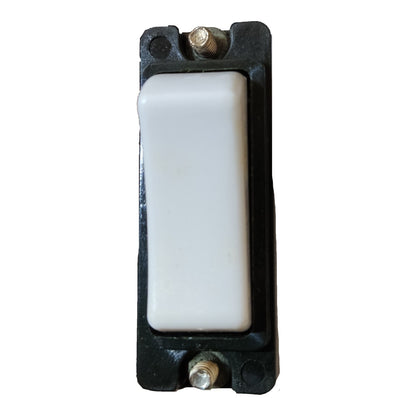 A single rectangular wall switch with a white plastic toggle button and a black plastic housing, shown against a plain white background.