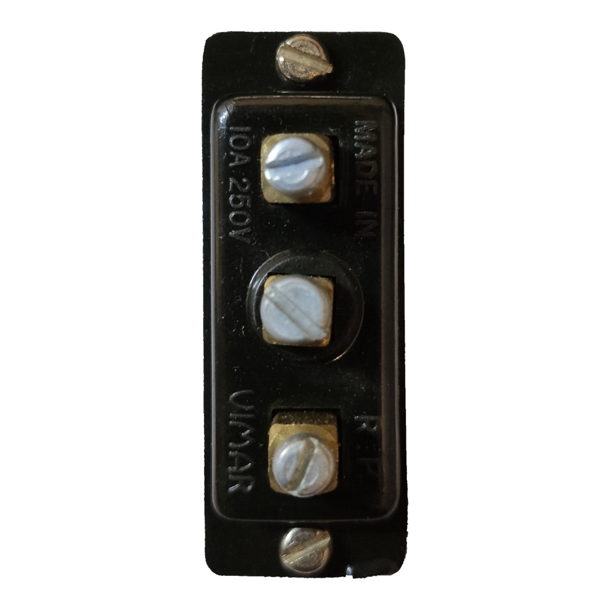A vintage black electrical switch panel with three screw terminals and brass-colored metal screws, featuring embossed text including '10A 250V' and 'OLYMAR'.