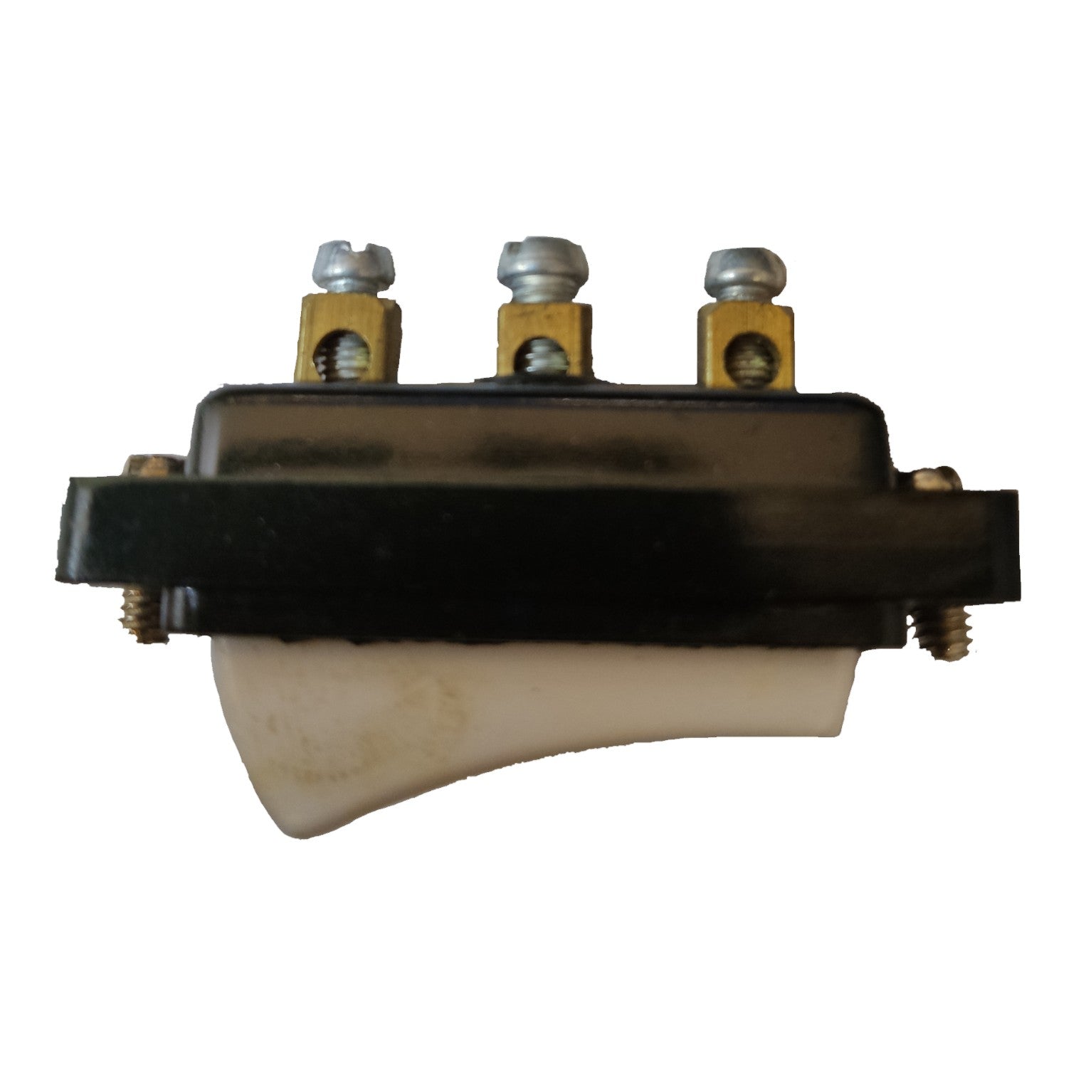 A small electrical switch component with a black top plate, three brass screw terminals with silver screws, and a curved off-white plastic or rubber lower section, isolated on a white background.