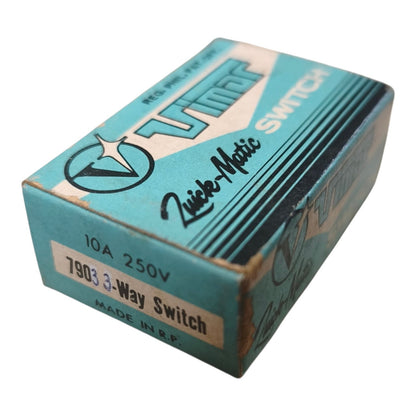 A vintage Zieker-Matic 3-way switch box, model 7903, 10A 250V, in teal and white cardboard packaging.
