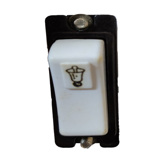 A vintage-style single-pole switch with a white plastic front faceplate featuring a black bell icon, set in a black plastic housing with two metal screw terminals.