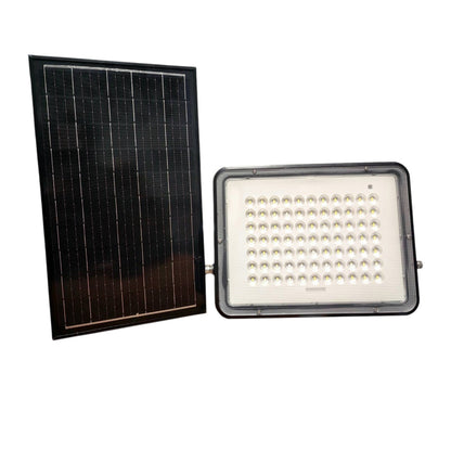 A solar-powered LED light fixture shown with its black solar panel and a rectangular light housing with many small LED chips on a plain white background.