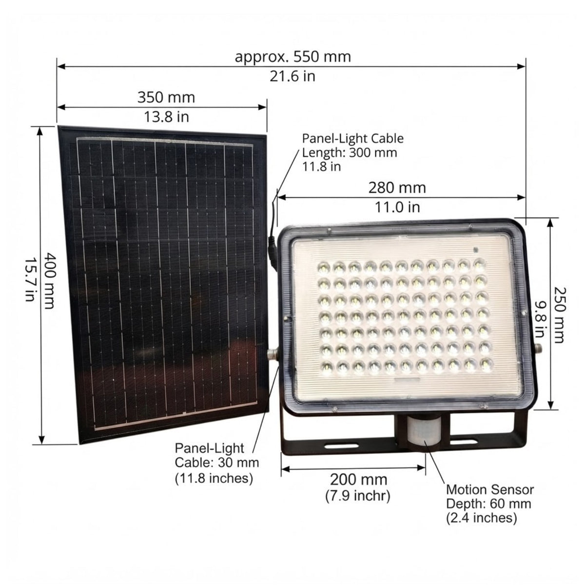 A solar-powered LED light fixture with a solar panel and cable, shown with detailed dimension annotations on a white background.