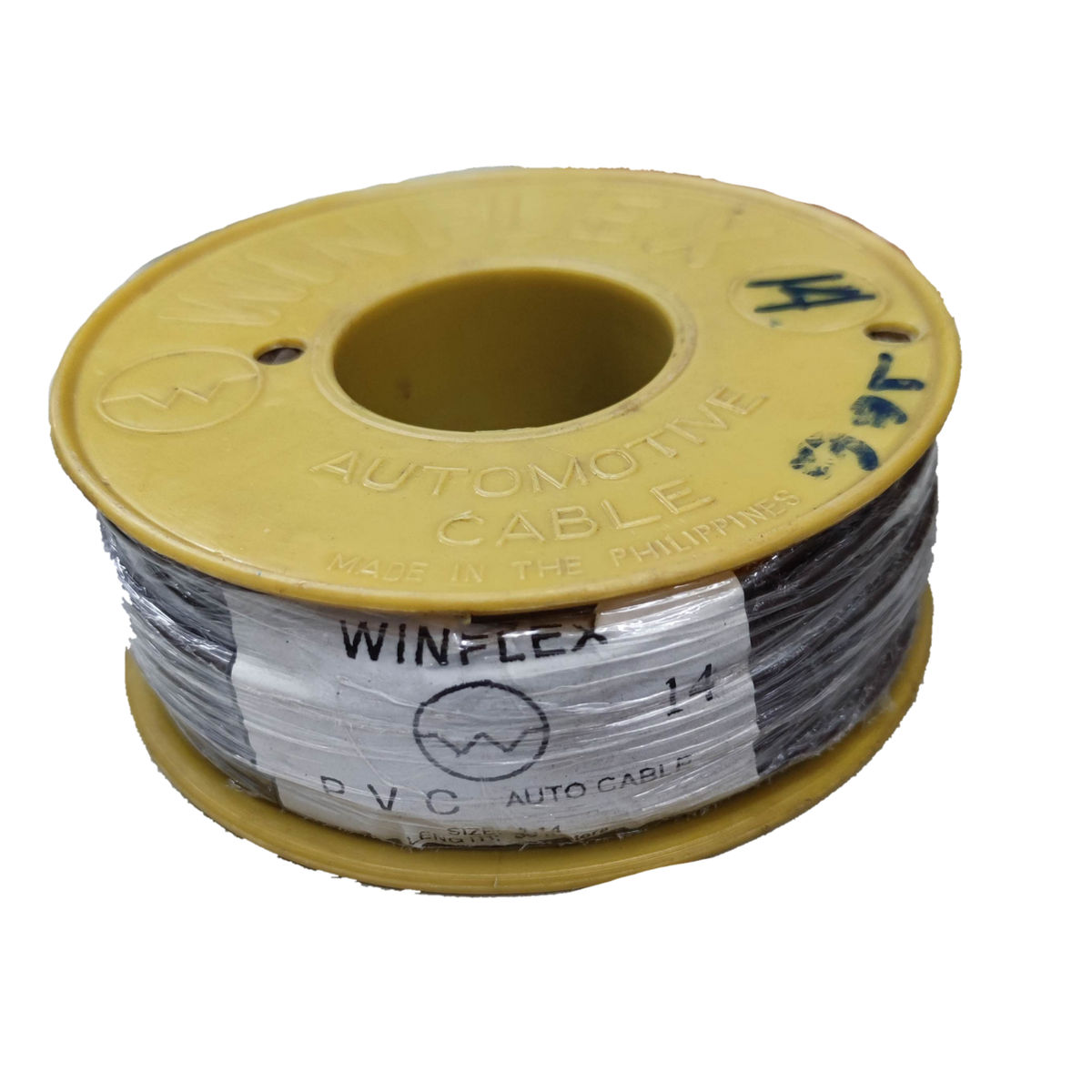 Winflex Auto Wire 14 AWG black automotive cable spool with yellow core and plastic wrapping