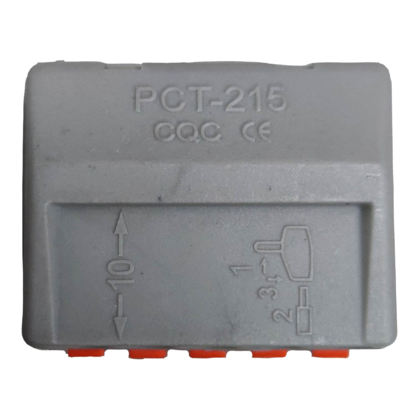 Gray plastic component with 'PCT-215' and 'CQC' markings on a white background