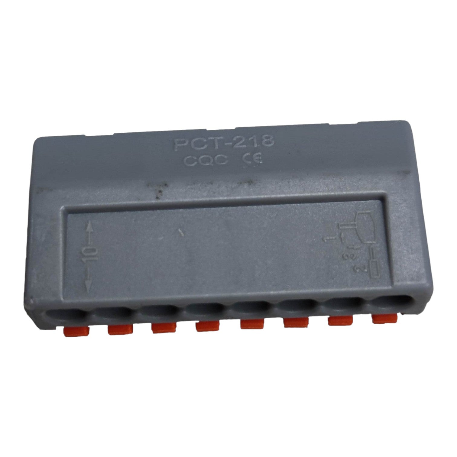 Gray electronic component with 'PCT-218' marking on a white background