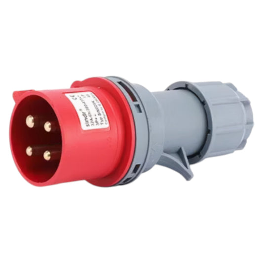 Electrical plug with red and gray design on a white background