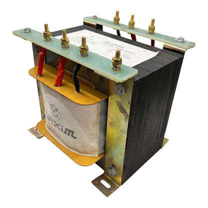A heavy-duty industrial power transformer with a black textured core, brass terminal bolts, red and black wires, and a white paper insulation cover, isolated on a white background.
