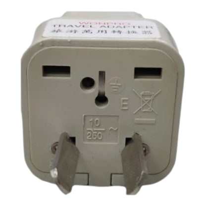 A Wondro travel adapter plug with two flat grounding prongs, shown from the back side against a white background.