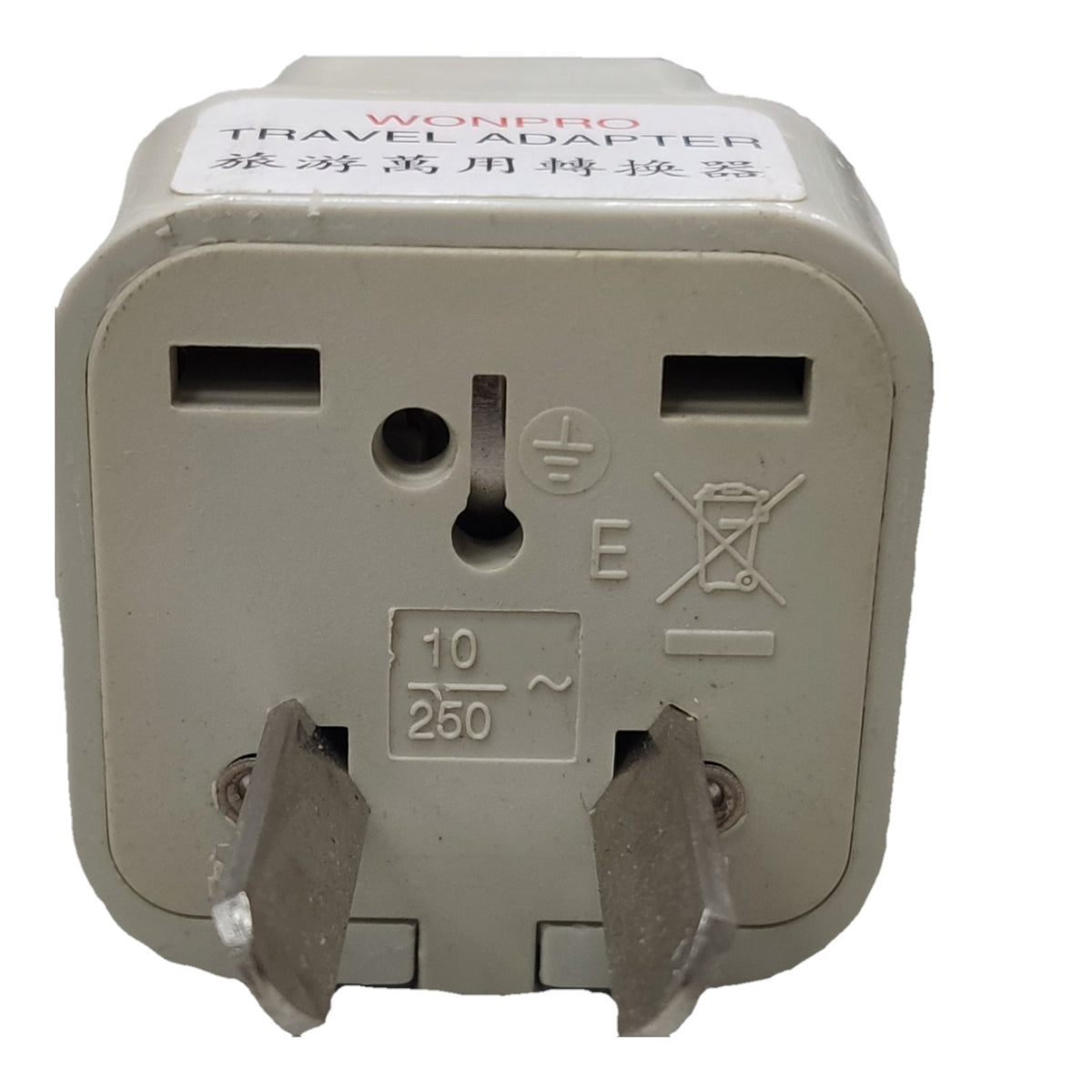 A Wonbro travel adapter plug, designed for international travel, featuring a beige plastic body with two flat metal prongs and a white label on top.