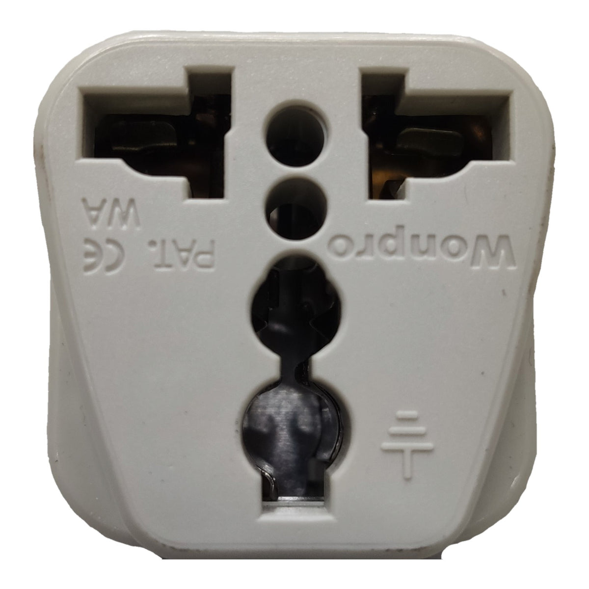 A close-up of a white plastic UK three-pin wall plug socket with the brand name 'Wonpro' embossed on the front.