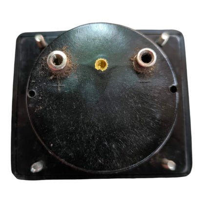 A black circular electronic component or motor terminal housing with a square mounting base, featuring two silver metal terminal posts on the left and right and a small gold center contact, shown against a plain white background.