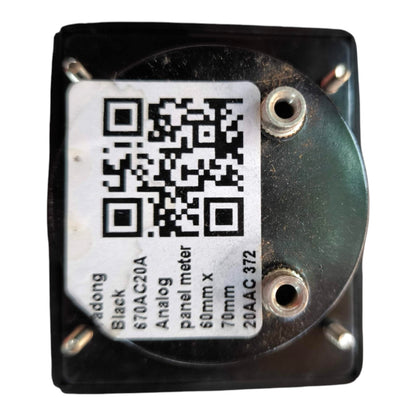 A black analog panel meter with a white label featuring a QR code and text specifications, shown on a plain white background.
