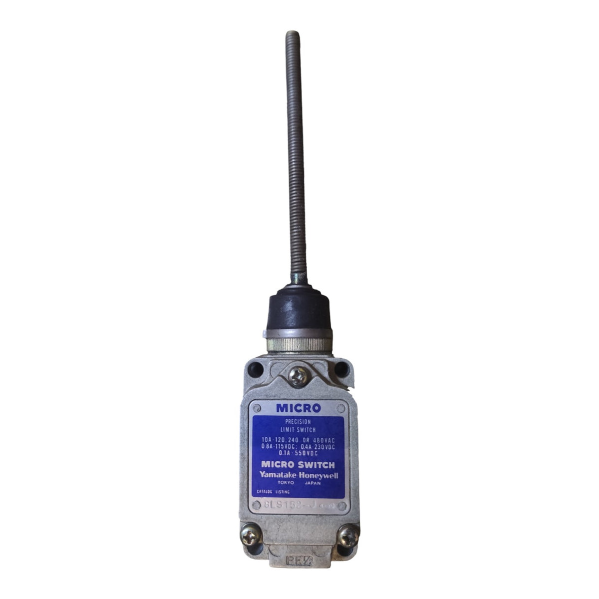 A MICRO brand industrial electromagnetic switch with a silver metal housing, a blue label, and a long black threaded rod antenna, shown against a plain white background.