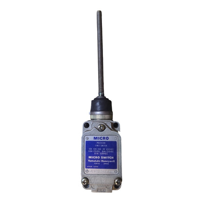 A MICRO brand industrial electromagnetic switch with a silver metal housing, a blue label, and a long black threaded rod antenna, shown against a plain white background.