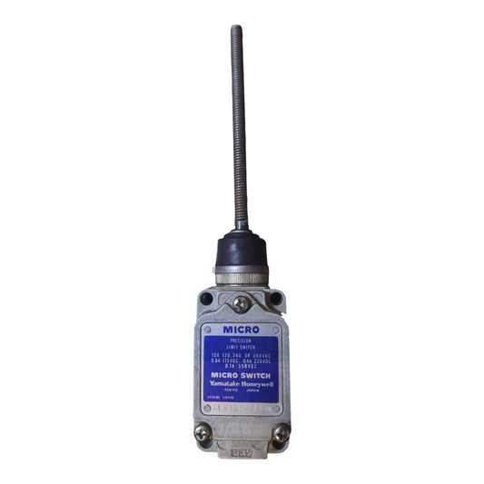 A MICRO brand industrial electromagnetic switch with a silver metal housing, a blue label, and a long black threaded rod antenna, shown against a plain white background.
