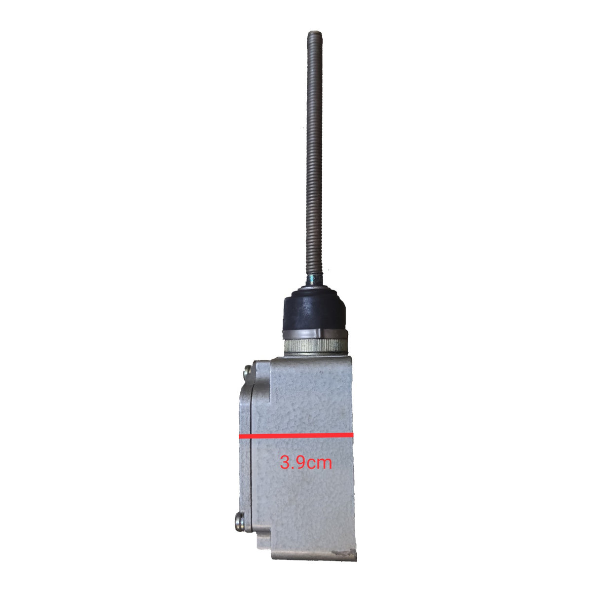 A silver metal electronic sensor or switch with a long black threaded rod extending upward, shown on a plain white background with a red measurement line and red text reading 3.9cm.