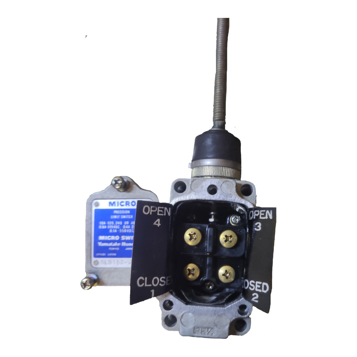 A Micro Duet 2-way pneumatic directional valve with a black and silver metal body, featuring four screw terminals, black plastic flap covers labeled OPEN and CLOSE, and a black cable extending from the top.