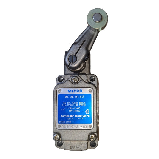 Yamatake Honeywell industrial electrical component with a metal housing, a blue label, and a pivoting arm on a white background.