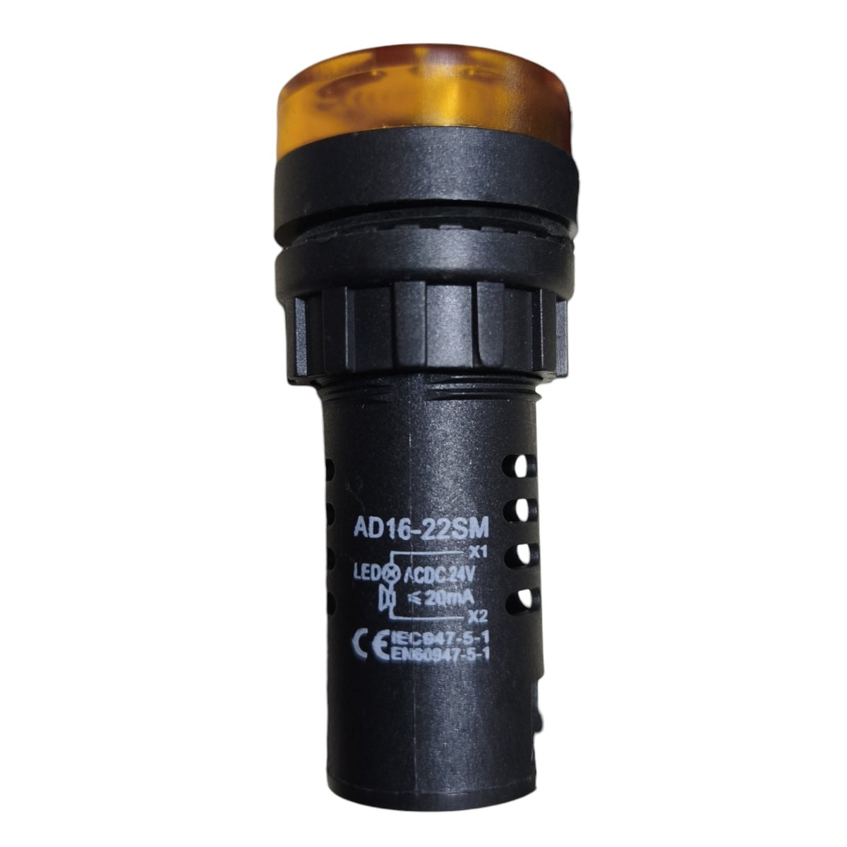 A black industrial LED indicator light with a translucent amber top, featuring printed white technical specifications on the side.