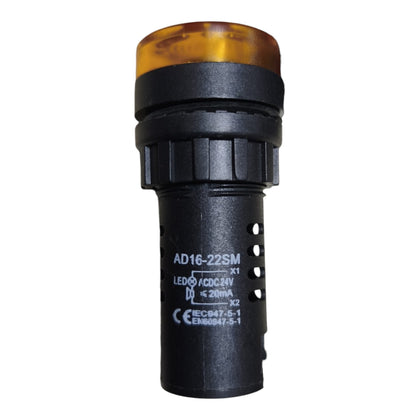 A black industrial LED indicator light with a translucent amber top, featuring printed white technical specifications on the side.
