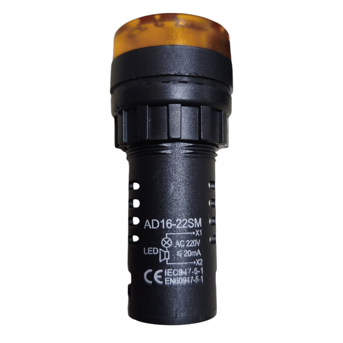 A black cylindrical industrial LED light fixture with a translucent amber-tortoiseshell colored top lens, featuring white technical specifications printed on the side.