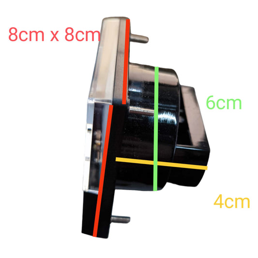 A black cylindrical product with a clear side panel and metal pins, overlaid with dimension lines and text showing 8cm x 8cm, 6cm, and 4cm on a white background.