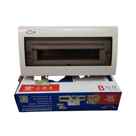 A white electrical switch box with a transparent front cover, shown resting on top of its blue and red retail box against a plain white background.