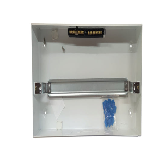 An open white electrical junction box or utility cabinet showing the interior, with a metal mounting bar, screws, a small black component at the top, and a clear bag of blue plastic fasteners on a white background.