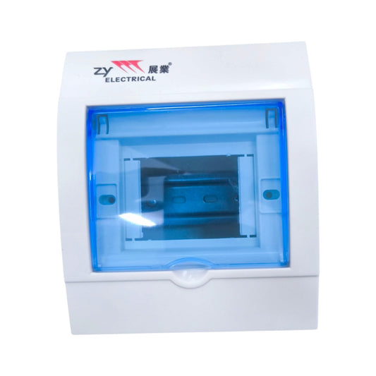 White electrical junction box with a translucent blue front cover and the 'ZY ELECTRICAL' logo printed on the top left, shown on a plain white background.