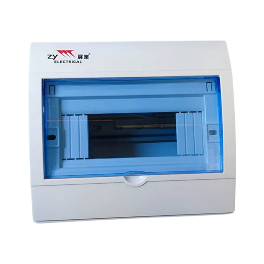 A white electrical distribution board with a translucent blue front cover and a visible internal compartment, shown on a plain white background. The brand logo 'ZY ELECTRICAL' is printed on the top left.