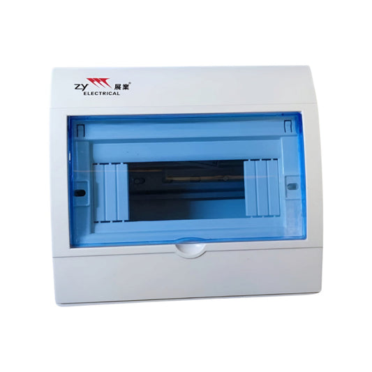 A white electrical distribution board cover with a translucent blue front window and a visible 'ZY ELECTRICAL' logo on the top left, shown against a plain white background.
