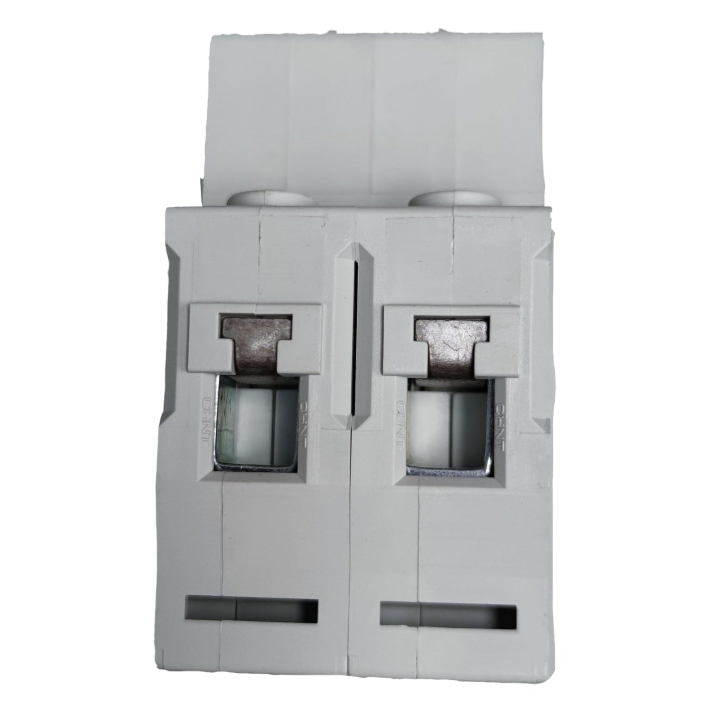 Gray electrical circuit breaker on a white background